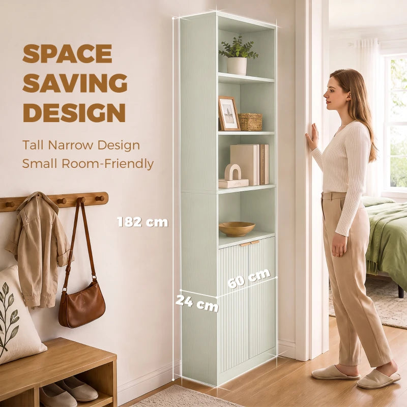 Light green tall narrow bookcase with open shelving and ribbed panel storage door