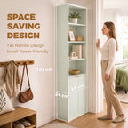 Light green tall narrow bookcase with open shelving and ribbed panel storage door