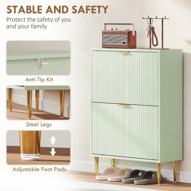 Light green shoe cabinet with two doors and wooden legs; front safety features