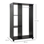 Black mobile garment rack with hanging rail and three open shelves, side view with dimensions