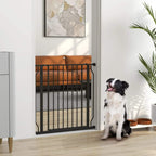 Black dog gate installed in a doorway opening with vertical bars