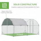 Galvanised chicken run coop with mesh enclosure, green fabric canopy, and end door