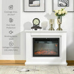 White electric fireplace suite with LED flame effect and visible black glass-front firebox