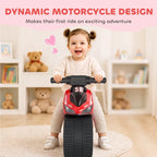 Red and black toddler balance bike with handlebar controls and cushioned seat
