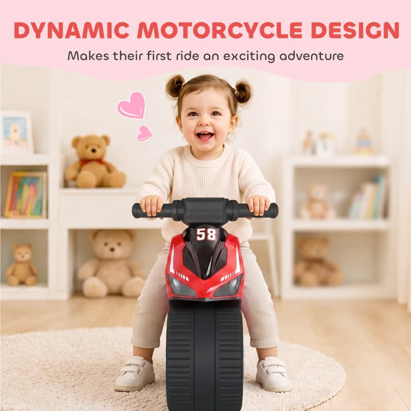 Red and black toddler balance bike with handlebar controls and cushioned seat