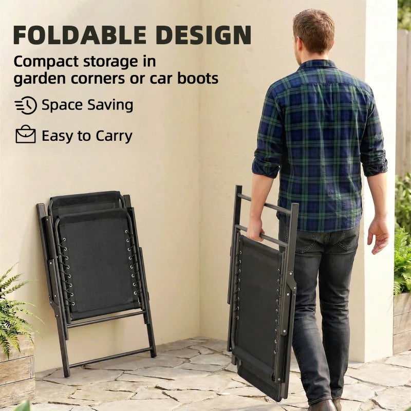 Black folding outdoor dining chair with high back and armrests, folded for compact storage