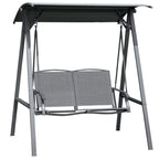 Two-seat outdoor swing bench with adjustable canopy, dark grey frame and texteline seat/back