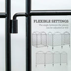 Black metal fence connector joint with adjustable angle and curved picket panel segments