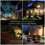 Multiple black outdoor solar lamp post lights lining a garden walkway
