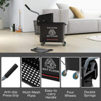 Black mop bucket on four caster wheels with anti-slip grip and multi-mesh wringer plate