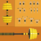 Yellow weight plate stacks and barbell rod with black striped center grip, set components