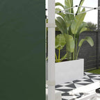 Green gazebo side panel corner section on pop-up frame, with white pole and doorway edge.