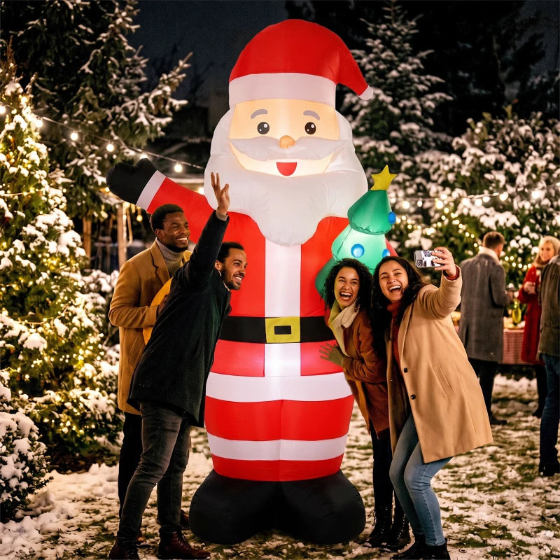 Inflatable red-and-white Santa with glowing green tree and smiling face