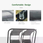Grey two-seat swing chair with padded cushions and cup-holder handrail