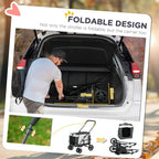Foldable pet stroller design infographic with carrier shown in car trunk