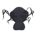 Black padded high-back kayak seat with multiple tie-down straps and metal clips