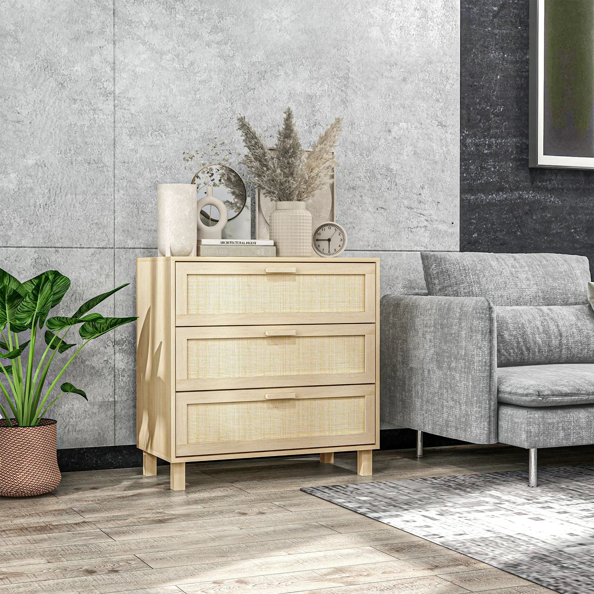 Rattan Bedroom Chest of Drawers, 3 Drawers Storage Unit, Boho Dresser for Living Room, Hallway, Natural - Bobobiy