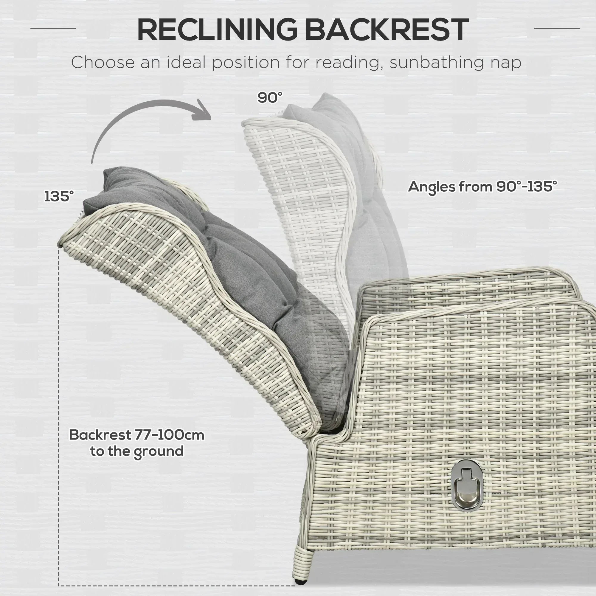 5 Pieces Rattan Bistro Set with Adjustable Back, Reclining Wicker Balcony Furniture with Cushions, Glass Top Coffee Table and Footstools, Outdoor Table and Chairs, Grey - Bobobiy