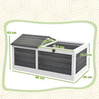 Dark grey wooden tortoise shelter with open wire-mesh top and two front access doors