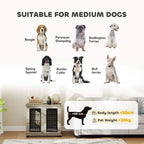 Indoor dog crate furniture for medium dogs, shown with multiple dog silhouettes and cushion.