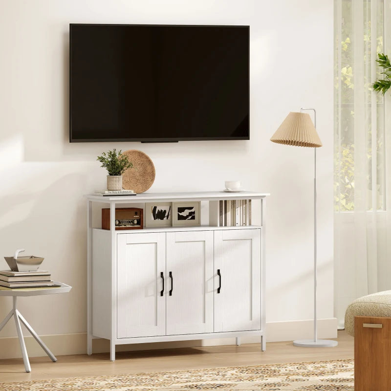 White storage sideboard with open shelf and cabinet doors, black bar handles