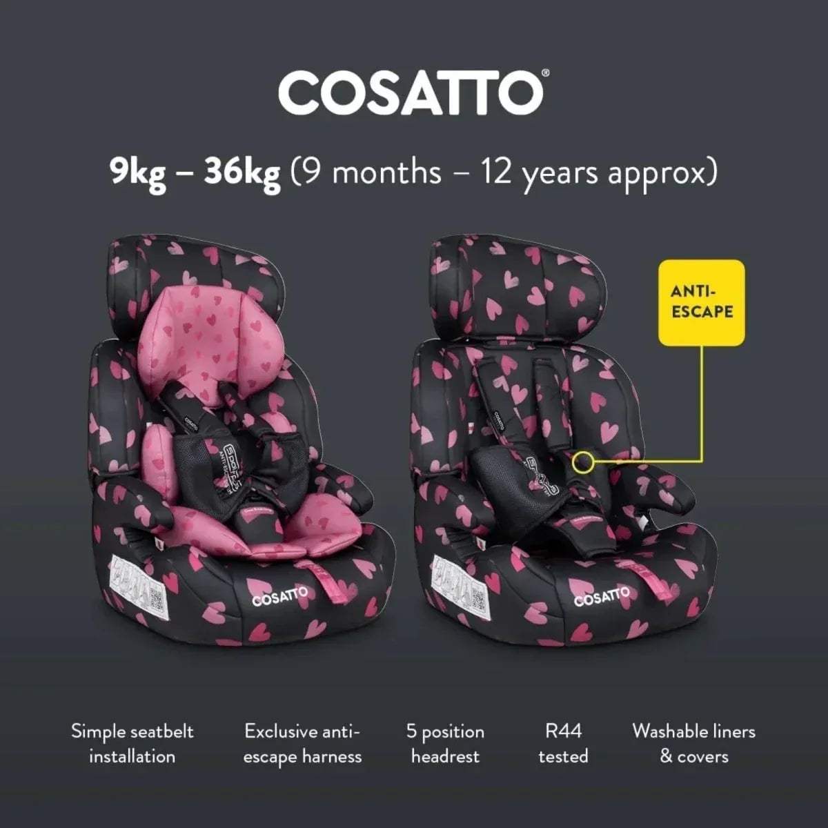 Charcoal Group 1/2/3 car seat with pink heart pattern and padded headrest