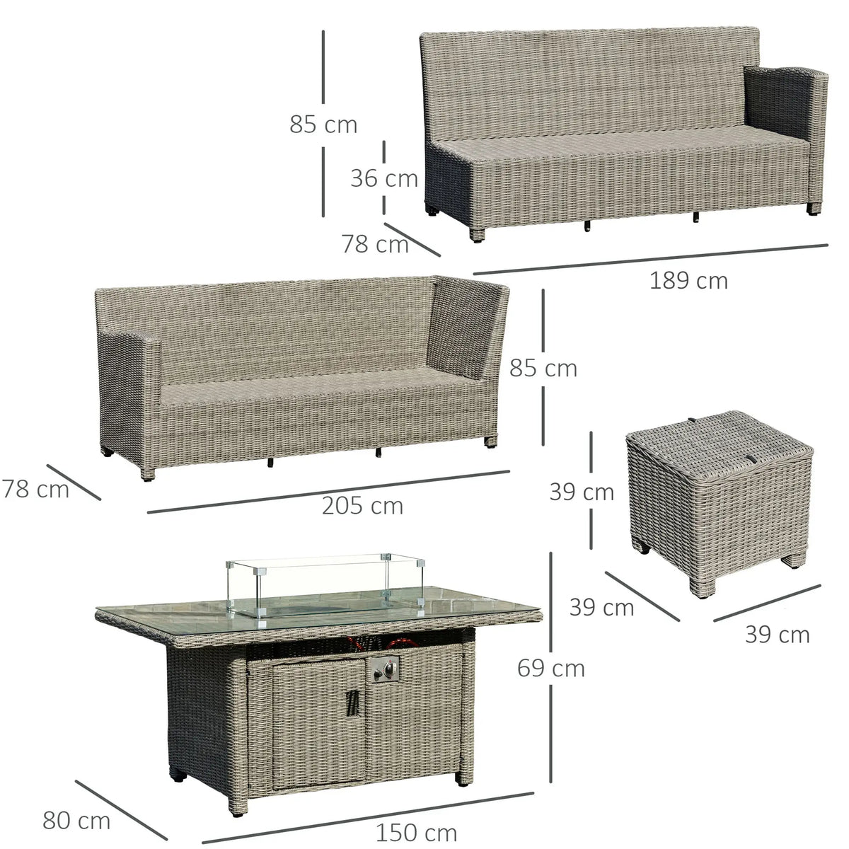 Rattan sofa set dimension guide showing sofas, footstool and fire pit table measurements