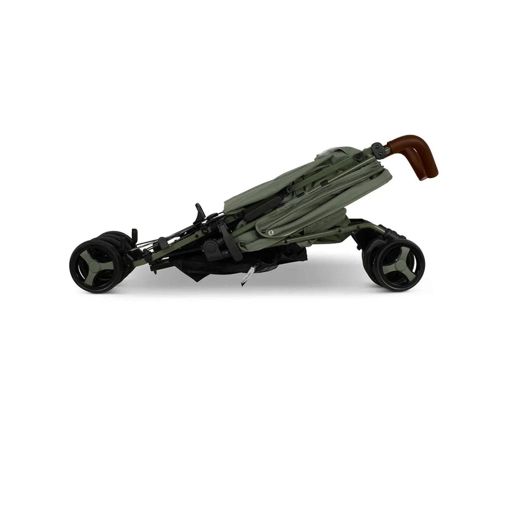 Cosatto Supa 3 stroller side view, olive seat with brown handle and black wheels