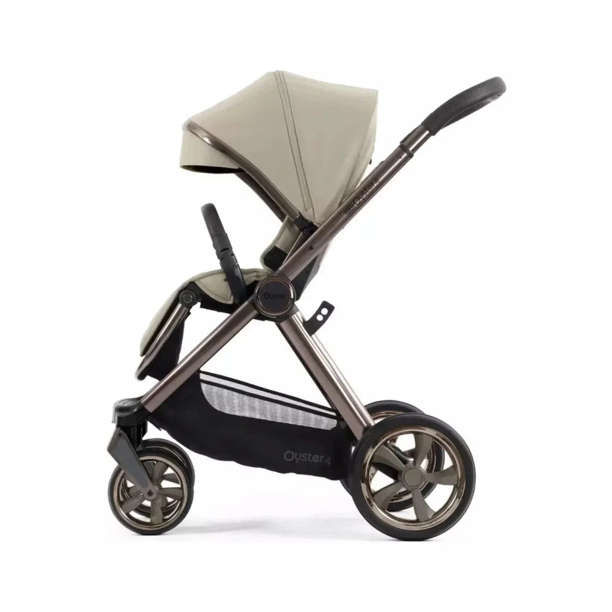 Single stroller with buttermilk canopy and black handlebar, front three-quarter view