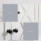 White cabinet door with X-brace detailing and black round metal knobs