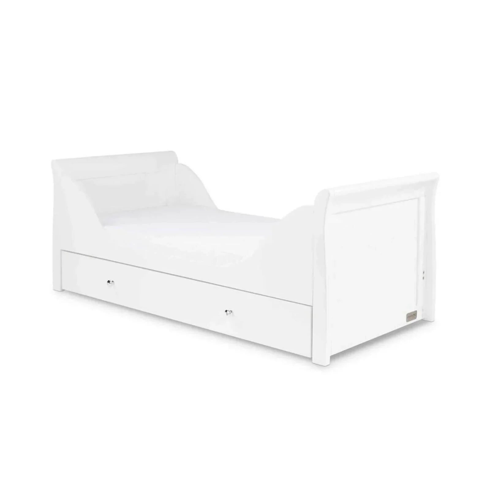 White toddler bed frame with panel sides and built-in drawer fronts, front view