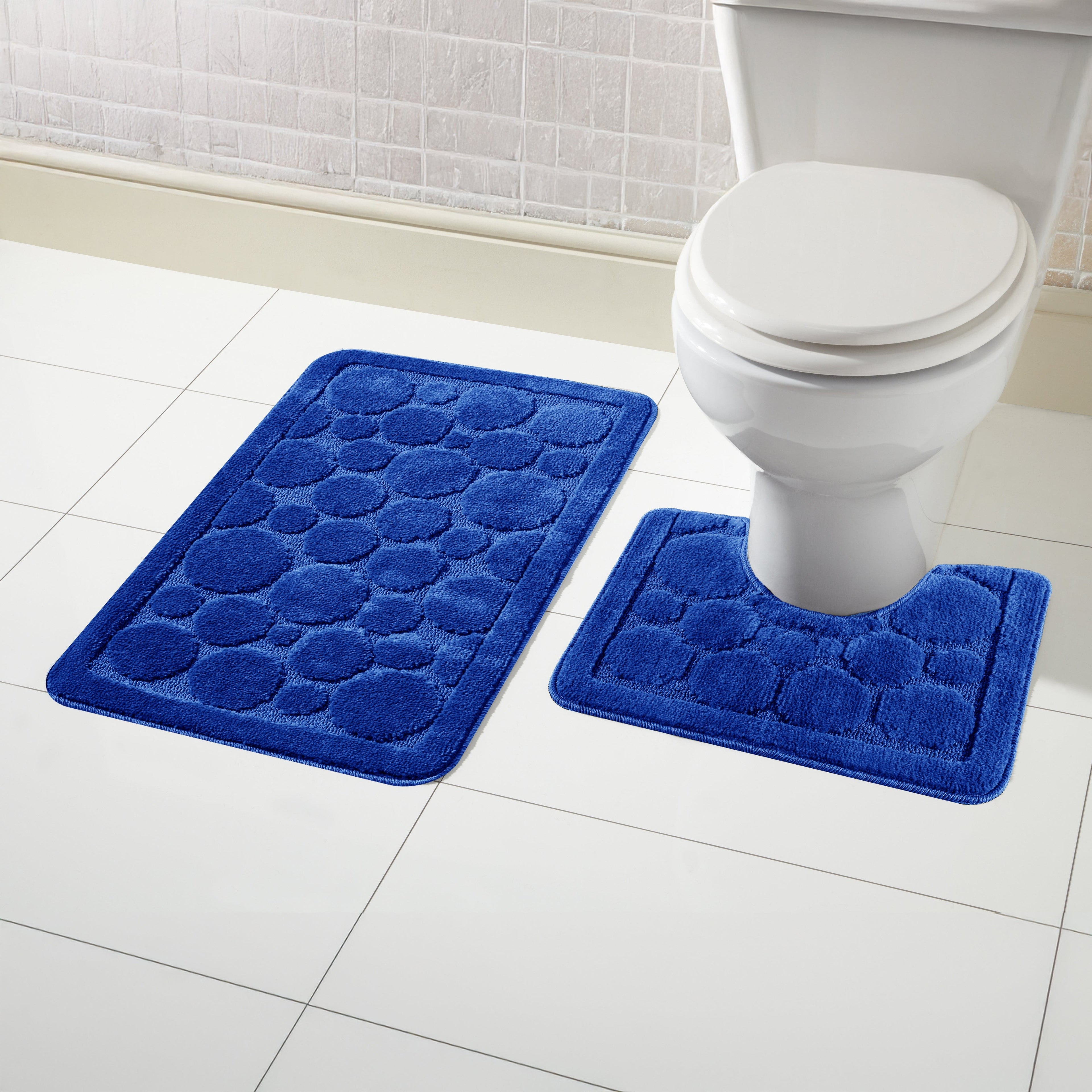 Cali Bubbles 2 Piece Royal Blue Bath Mat & Pedestal Set Non-Slip Soft & Absorbent Bathroom Mats for Comfort & Safety