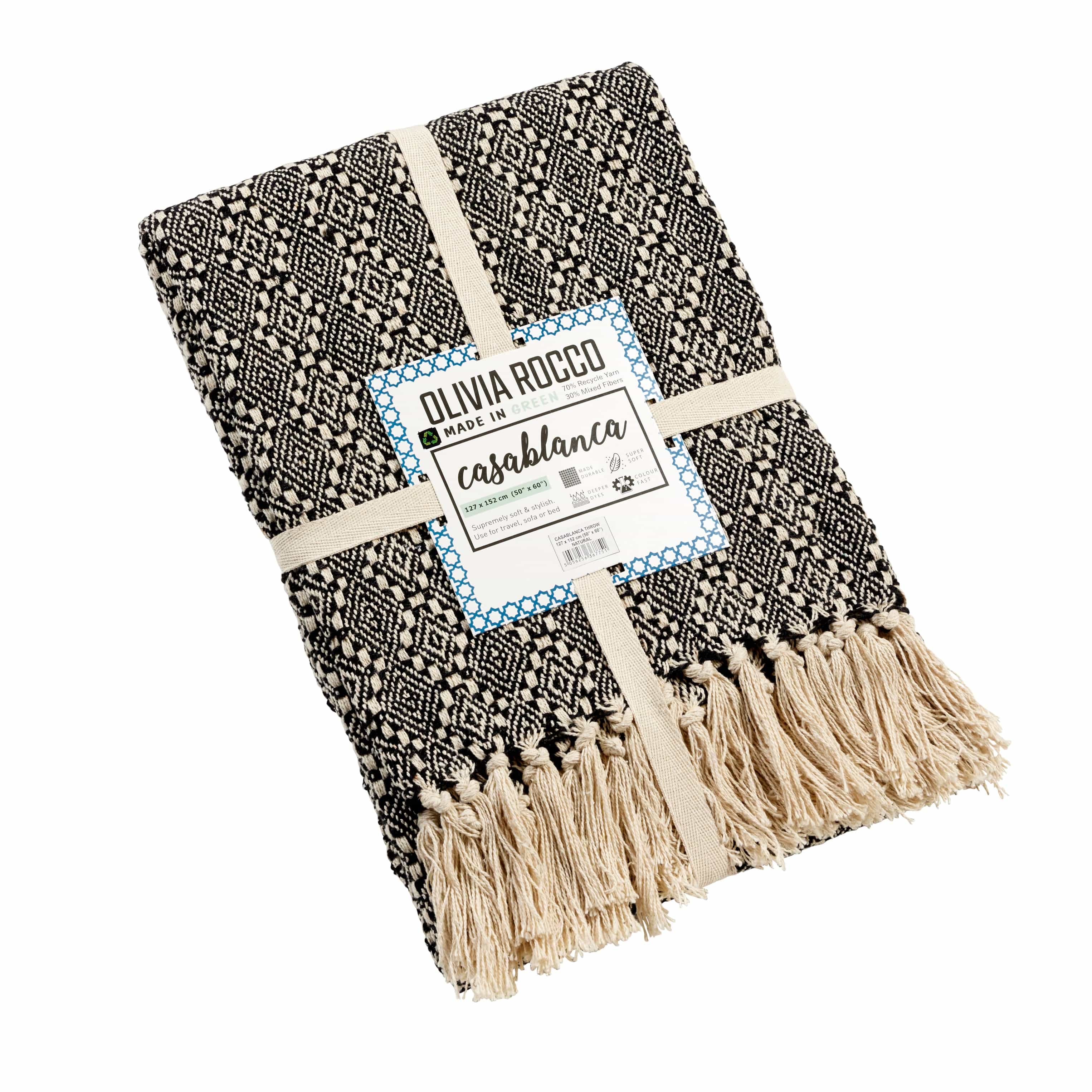 Casablanca Elegant Check Design Super Soft Lightweight Recycled Cotton Throw Blanket with Tassels Ideal for Sofa Bed or Chair Year-Round Use