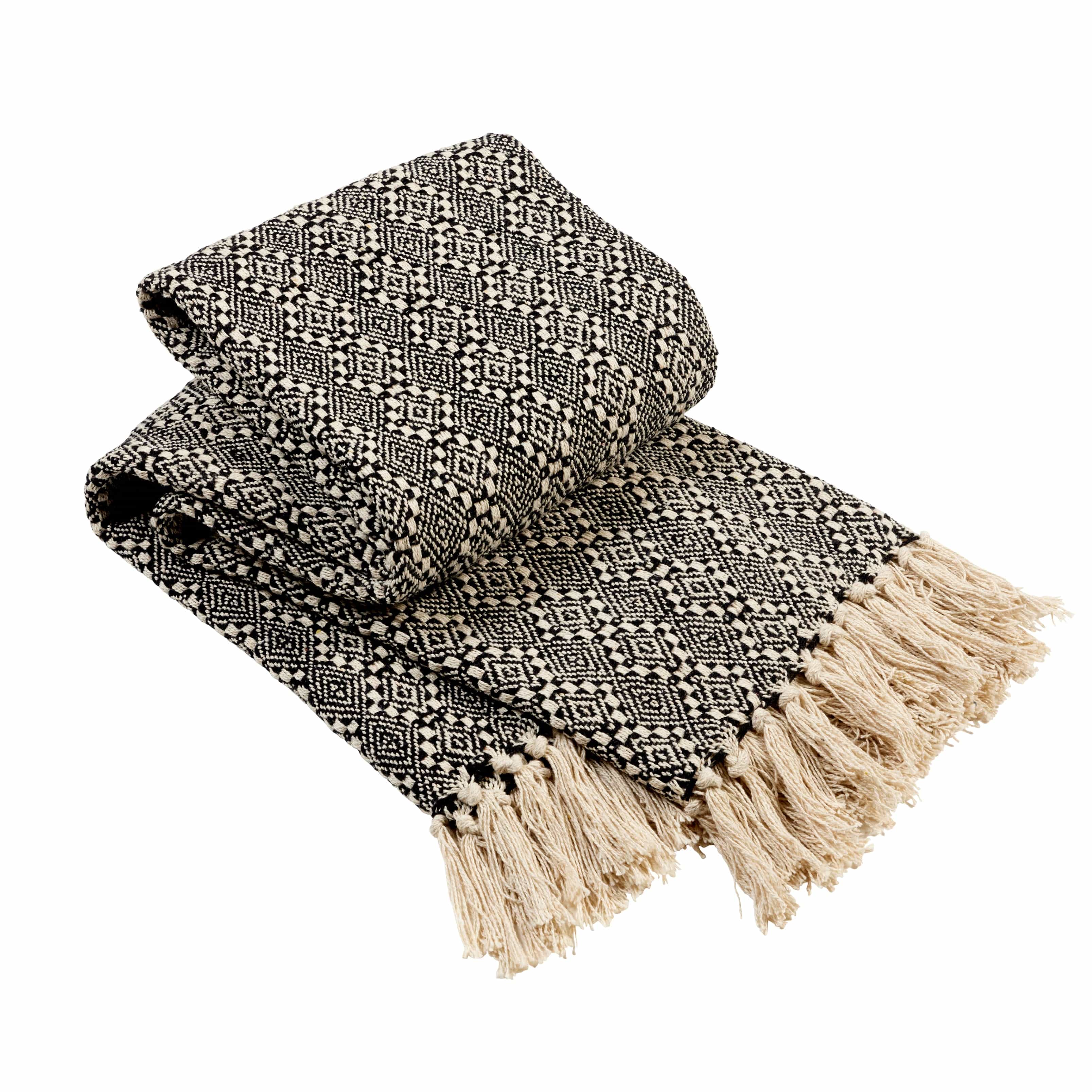Casablanca Elegant Check Design Super Soft Lightweight Recycled Cotton Throw Blanket with Tassels Ideal for Sofa Bed or Chair Year-Round Use