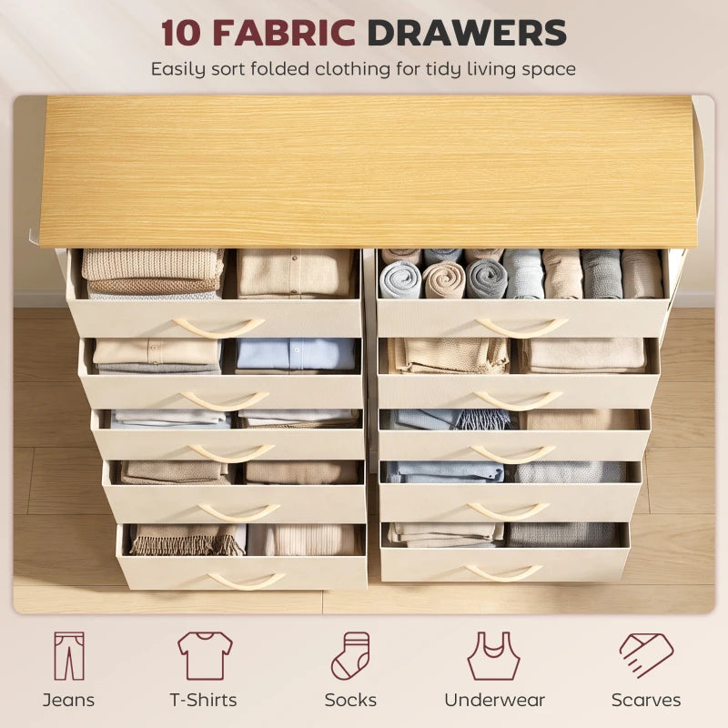 Beige fabric drawer dresser with open compartments holding folded clothes