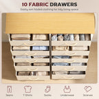 Beige fabric drawer dresser with open compartments holding folded clothes