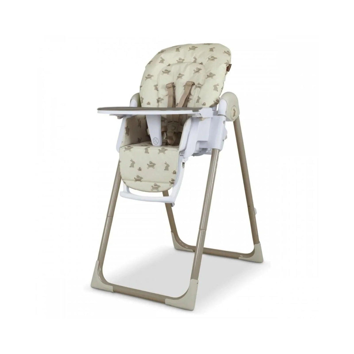 Baby highchair with cream animal print seat, white frame, tray, and safety straps.
