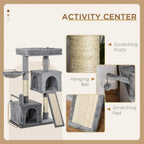 Grey cat tree activity center with condo, hanging ball, scratching pad, and hammock
