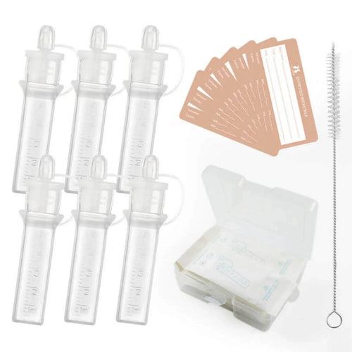 Colostrum collection kit with six clear collection bottles, caps, and carrying case