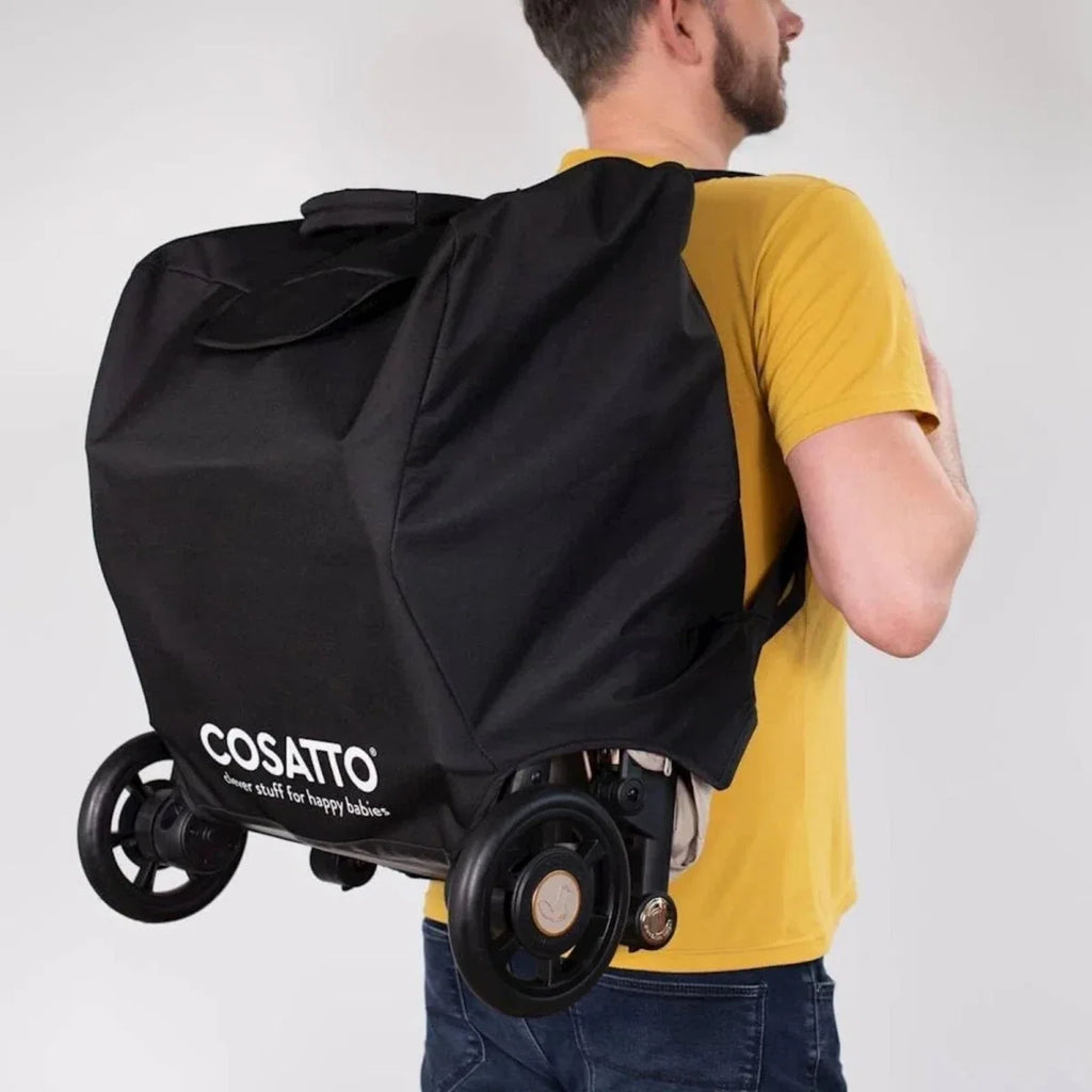 Black stroller bag side profile with Cosatto logo and wheel assembly