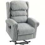 Grey velvet-feel electric riser recliner chair with padded arms and cushioned back