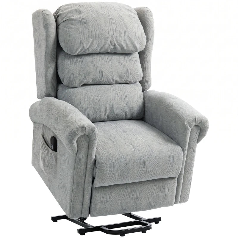 Grey velvet-feel electric riser recliner chair with padded arms and cushioned back
