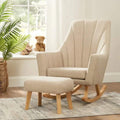 Stone fabric rocking chair with matching foot stool, wooden rockers and legs.