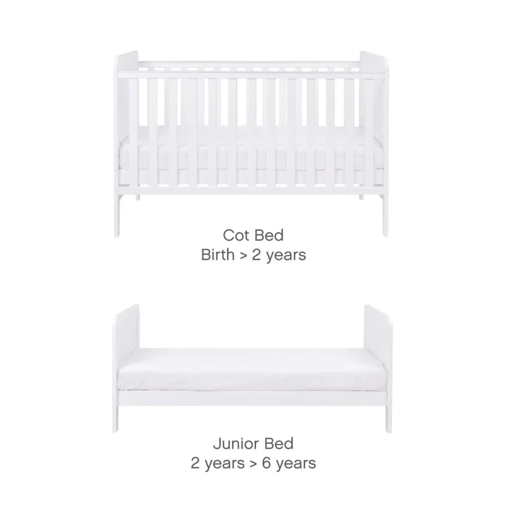 White convertible cot bed and junior bed frame with slatted sides