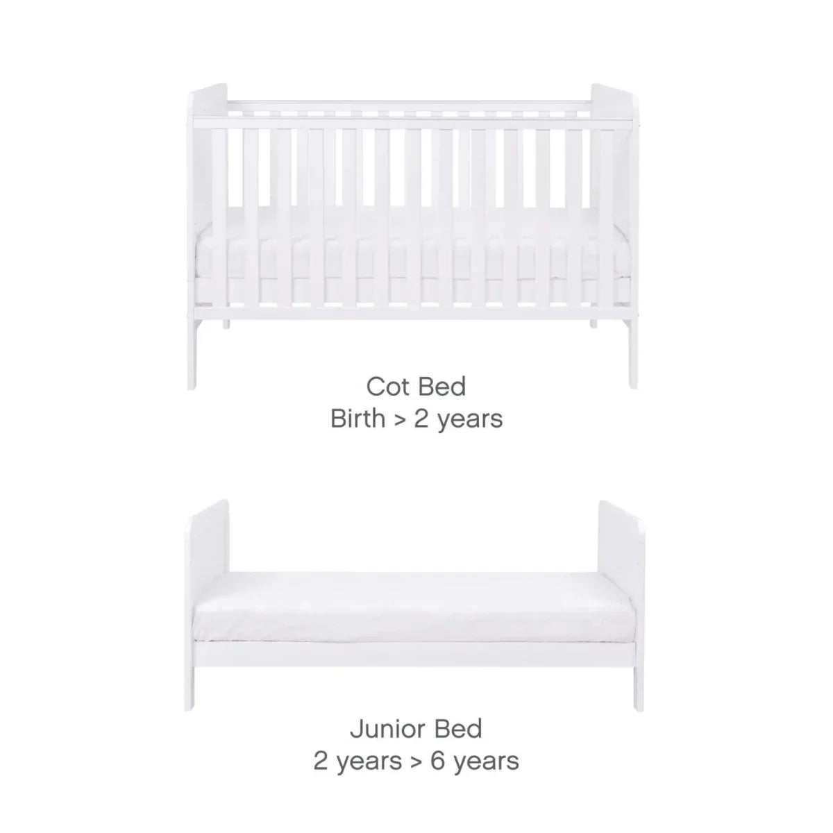 White convertible cot bed and junior bed frame with slatted sides