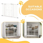 White dog stair gate with hinged door, shown in two room openings