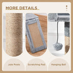 Grey cat tree tower details: jute posts, scratching pad, and hanging ball toy