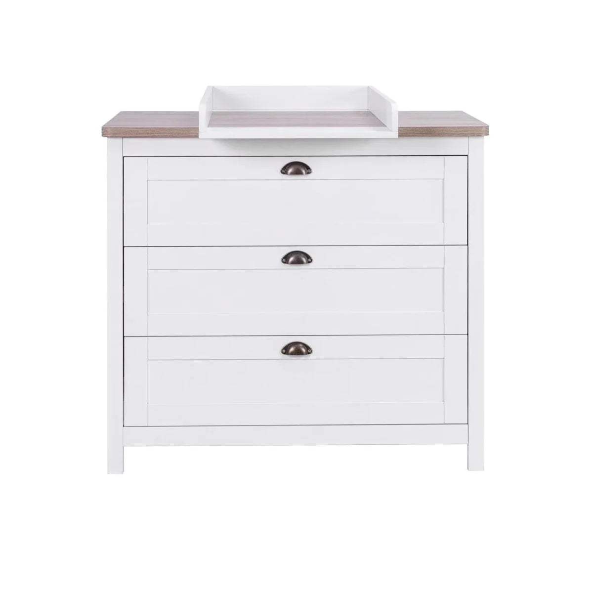 White changing dresser with oak-toned top, three drawers, and metal cup handles