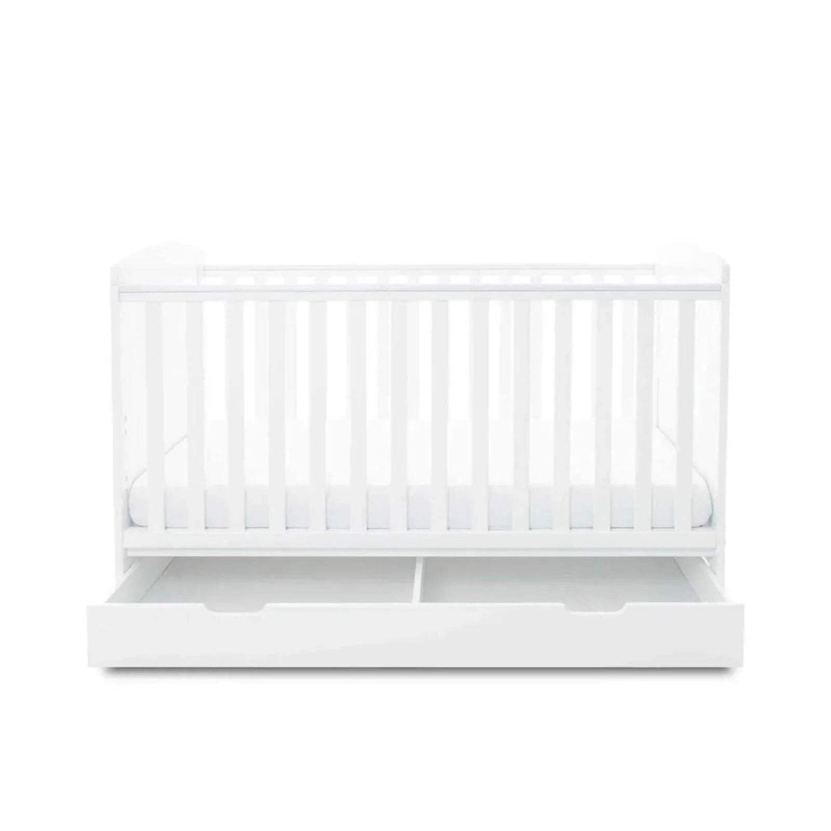 White cot bed with front rail and under-drawer pulled open