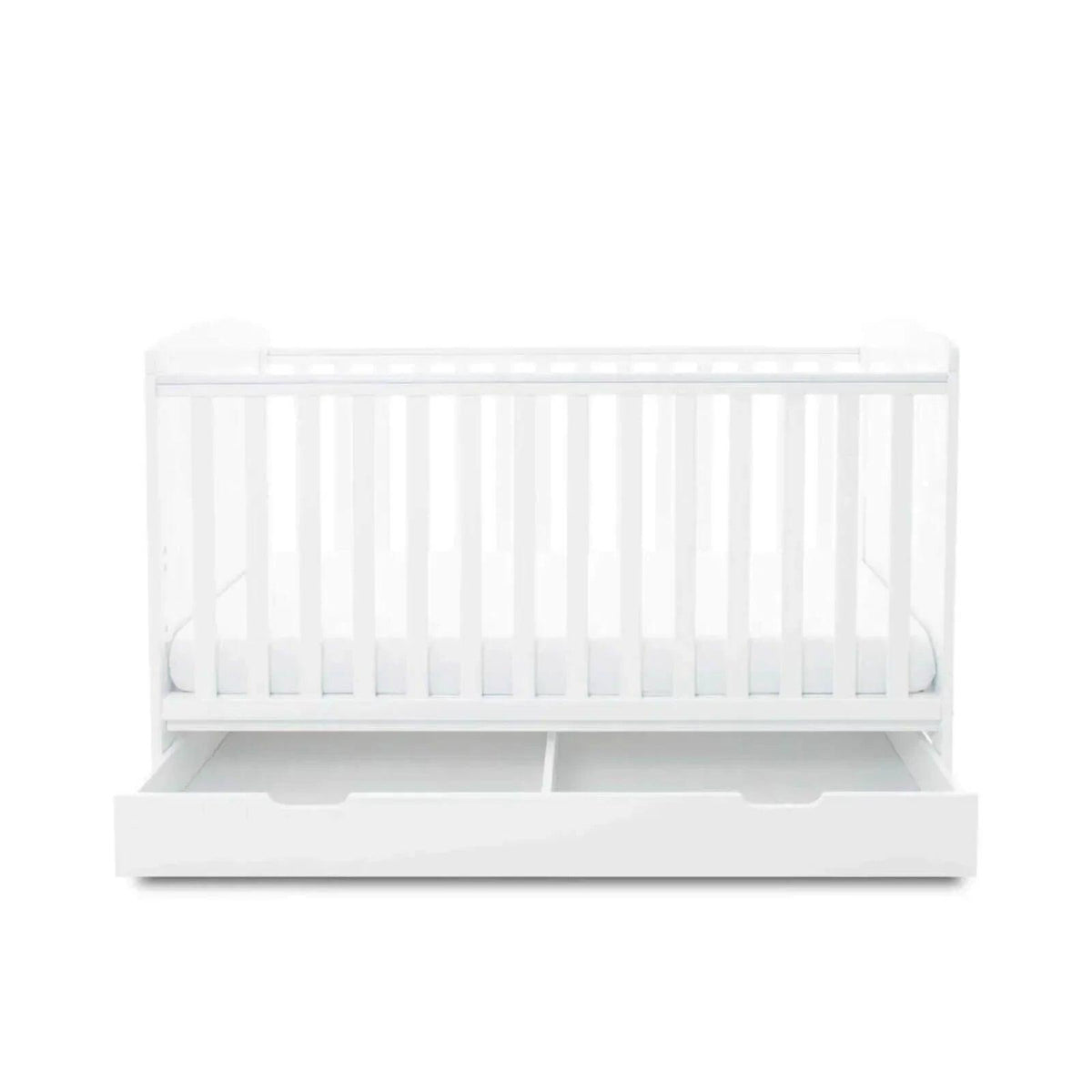 White cot bed with under drawer, front view with drawer pulled out